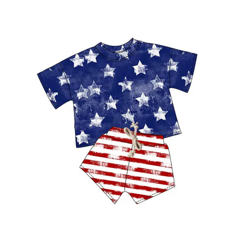 3.20 BSSO1405 Baby Boys Blue Short Sleeves Stars Shirt Red Stripe Shorts 4th Of July Sets preorder