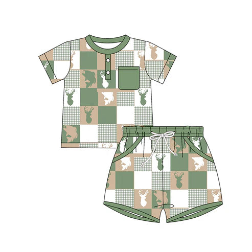 10.23 BSSO1573 Baby Boys Deer Fishes Checked Button Top Pocket Shorts Hunting Clothes Sets Preorder