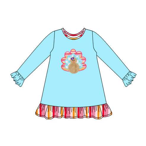 7.29 GLD1212 Baby Girls Long Sleeves Turkey Ruffle Knee Length Dresses Preorder