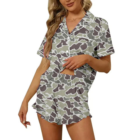 5.16 Preorder Moq 3 Adult Women Light Green Camouflage Button Pocket Top Short Pajamas