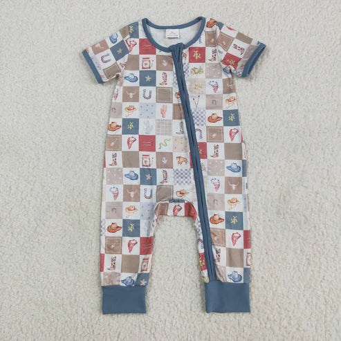 6.2  SR3098 Baby Infant Boys Short Sleeves Boots Cactus Zipper Romper