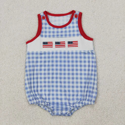 4.2 SR2572 Embroidery Baby Infant Boys Smocked 4th Of July Flags Sleeveless Romper