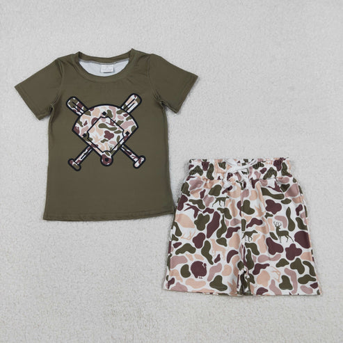 12.8 BT1424+SS0699 Baby Boys Deer Dogs Ducks Camo Baseball Top Pockets Shorts Team Clothes Set