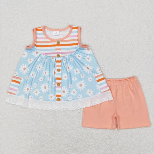 6.16 GSSO0403 Little Daisy Color Striped Lace Lace pocket sleeveless orange shorts set