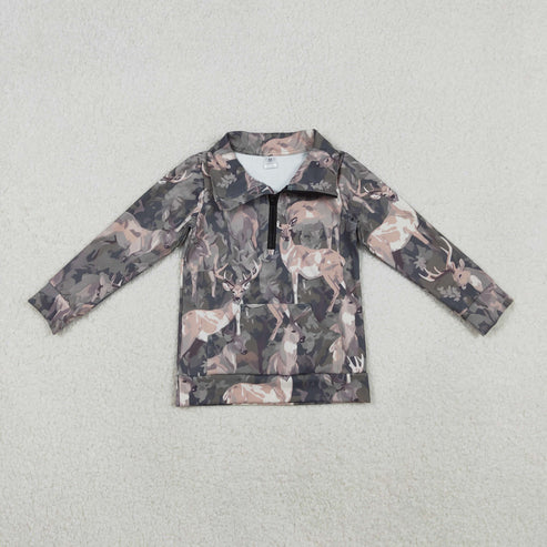 11.1  GT1180 Baby Girls Olive Deer Camo Pockets Zipper Yoga Pullovers Top