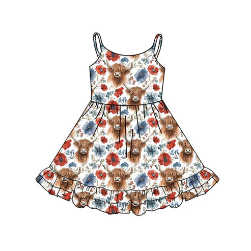 GSD2143 Baby Girls 4th Of July Highland Cow Flowers Straps Knee Length Dresses preorder