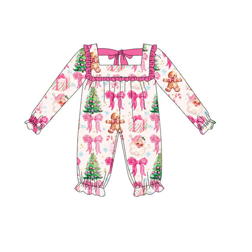 5.19 LR2221 Baby Girls Long Ruffle Sleeves Pink Santa Gingerbread Pant Rompers Preorder