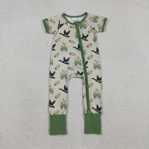 12.19 SR3498 Baby Boys Green Ducks Calls Hunting Two Way Zip Convertible Romper