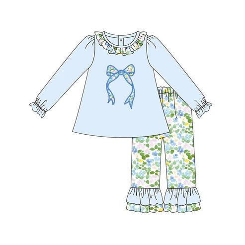 10.2 GLP2930 Baby Girls Blue Flowers Bows Tunic Ruffle Pants Clothes Sets Preorder
