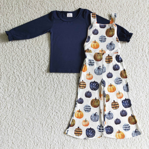 GLP0183 Fall Girl Pumpkin Navy Long Sleeve Overalls