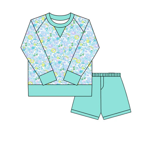 10.18 GLS0026 Baby Girls Green Aqua Floral Long Sleeve Top Shorts Yoga Clothes Sets Preorder