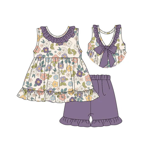 3.17 GSSO2325 Baby Girls Purple Sleeveless Floral Tunic Ruffle Short Clothes Set Preorder