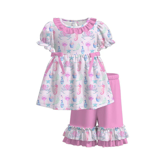 12.2 MOQ:5pcs GSSO2958 pre-order baby girl clothes seahorses print toddler girl summer outfit