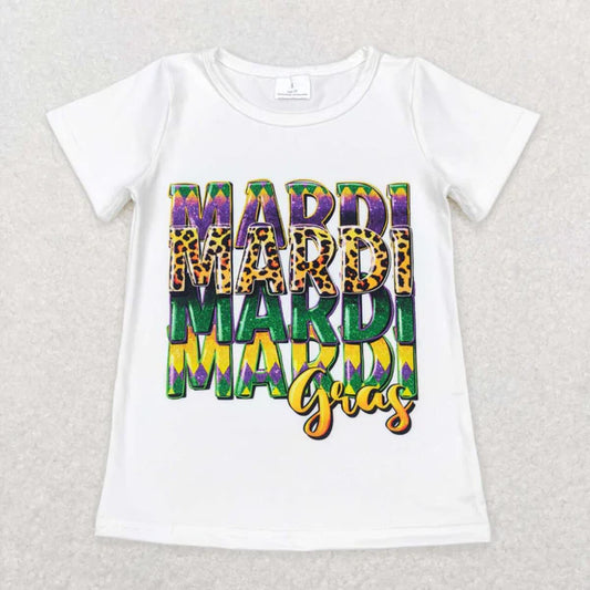 GT0442 mardi gras letter white short-sleeved top