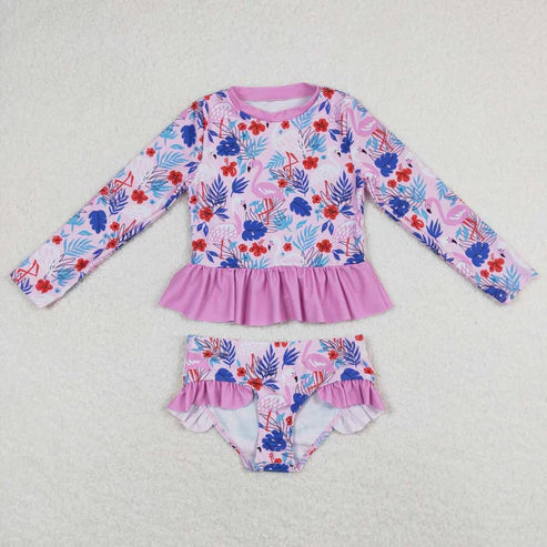 S0263 Long sleeve swimsuit with pink lace for girls