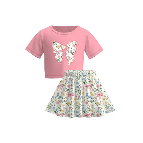 6.19 GSD2526 Baby Girls Pink Short Sleeves Floral Bow Top Skorts Set Preorder