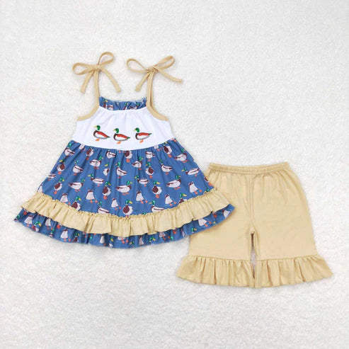 6.17 GSSO0697 Embroidered duck light brown lace blue halter shorts set
