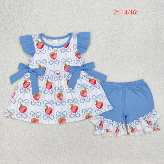 3.17 GSSO2114 Baby Girls Apple Bows Tunic Ruffle Shorts Clothes Set
