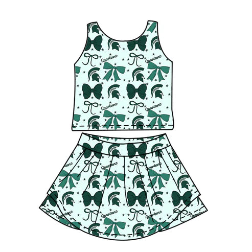 7.3 Custom Moq 3 Baby Girls Sleeveless MSU Bows Vest Top Short Skirts Set