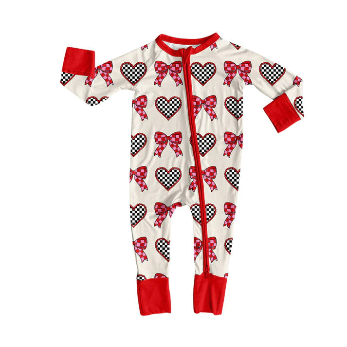 9.27  LR2703 Baby Girls Bows Hearts Valentine Zipper Footie Rompers Preorder
