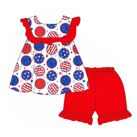 L-3.6 GSSO2150 Baby Girls 4th Of July Smile Top Ruffle Shorts Clothes Sets Preorder