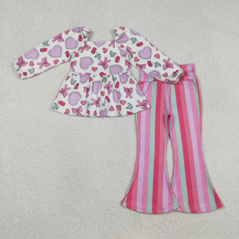 12.16 GLP3119 Baby Girls Colorful Hearts Ruffle Top Stripe Bell Bottom Pant Valentine Clothes Set