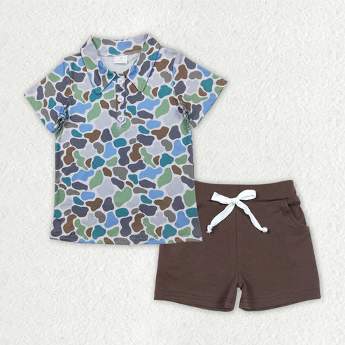 4.12 BT1214+SS0133 Baby Boys Blue Camouflage Button Pullover Top Grey Pockets Shorts Set