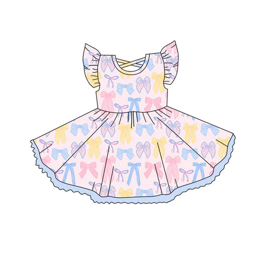 3.27 GSD2253 Baby Girls Flutter Sleeves Bow Blue Knee Length Dress Preorder