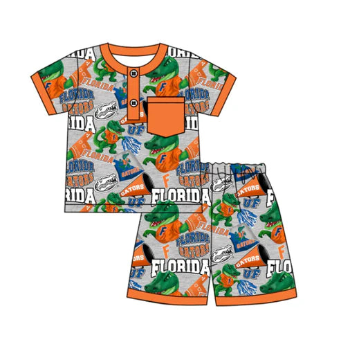 6.24 Custom Moq 3 Baby Boys Short Sleeves Button Pocket Dinosaurs Florida Top Shorts Team Pajamas Set