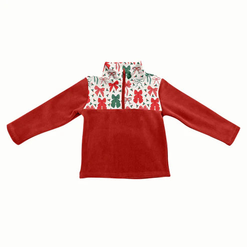 8.5 GT1150 Baby Girls Red Green Bows Christmas Half Zipper Pullover Top Preorder