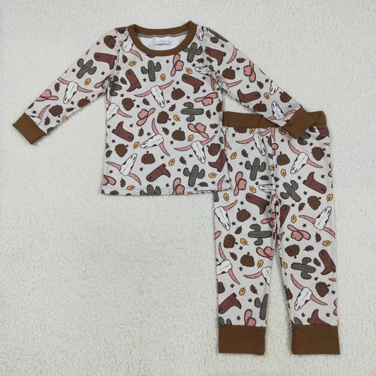8.2 BLP1141 Baby Boys Brown Long Sleeves Bull Skull Cactus Top Pant Pajamas Set