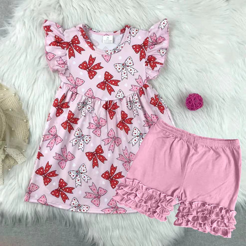 3.20 GSSO2360 Baby Girls Pink Flutter Sleeves Bows Tunic Ruffle Short Clothes Set Preorder