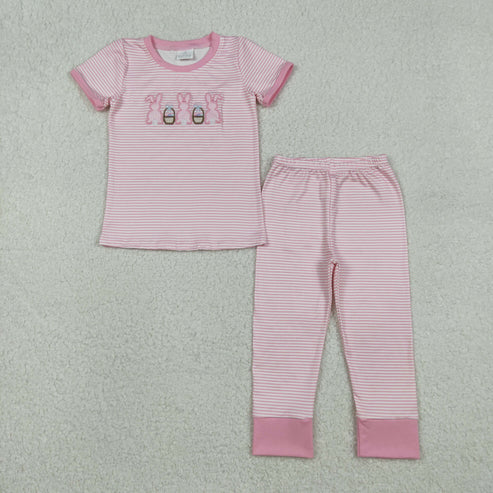 12.8 GSPO2117 Embroidery Embroidery Rabbits Eggs Baby Girls Pink Stripe Top Pants Easter Pajamas Set