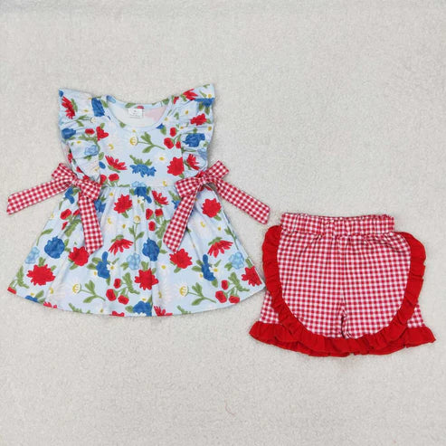 3.21 GSSO1930 Baby Girls Navy Flowers Bows Tunic Ruffle Shorts Clothes Set