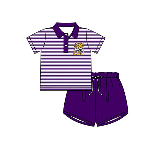 5.2 Custom Baby Boys Purple Stripe Short Sleeves Button Tiger LSU Top Short Set(MOQ 3)