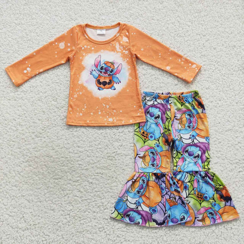 8.7 GLP0677 Halloween Girls cartoon pumpkin Orange long sleeve pants suit