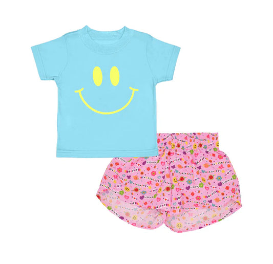 3.26  GSSO2411 Baby Girls Blue Short Sleeves Smile Top Pink Floral Short Set Preorder