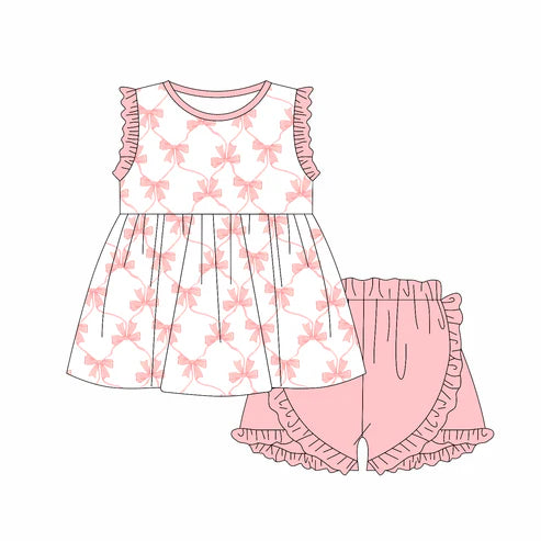 GSSO2301 Baby Girls Pink Bows Tunic Ruffle Shorts Clothes Sets preorder