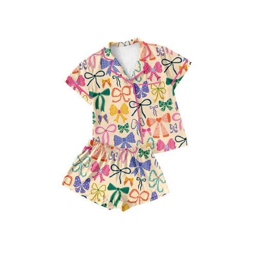 4.9 GSSO2487 Baby Girls Colorful Bows Button Pocket Top Short Pajamas Set Preorder
