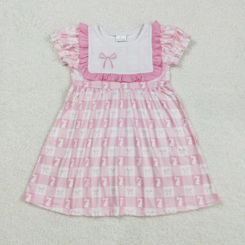 L-3.8 GSD1578 Baby Girls Pink Easter Rabbits Checkered Knee Length Dress