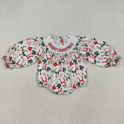 8.13 LR2276 Baby Girls Long Sleeves Smocked Merry Christmas Colorful Bows Ruffle Romper