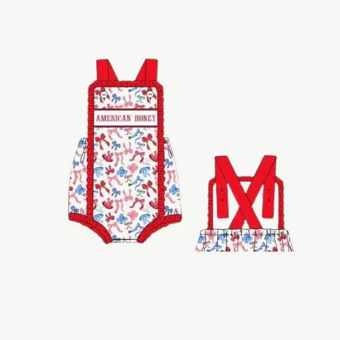 4.16 SR3048 Baby Girls Red Strap American Honey Blue Bows 4th Of July Rompers Preorder