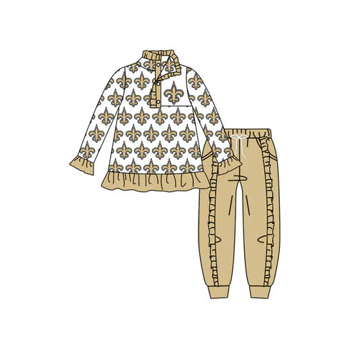 8.1 Custom Moq 5 Baby Girls Khaki Saint Team Long Sleeve Top Ruffle Pants Clothes Sets