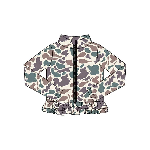 10.24 GT1314 Baby Girls Grey Camo Ruffle Yoga Zipper Jackets Top Preorder