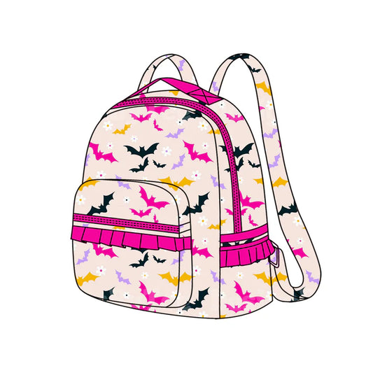 6.14 BA0318 Baby Kids Pink Black Bats Flowers School Zipper Ruffle Back Bags Preorder