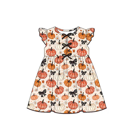 7.29 GSD2769 Baby Girls Flutter Sleeves Flowers Pumpkins Plaid Knee Length Dresses Preorder