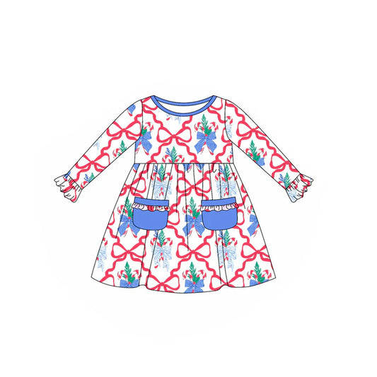 6.14 GLD1069 Baby Girls Red Bows Plaid Gingerbread Pockets Ruffle Knee Length Dress Preorder