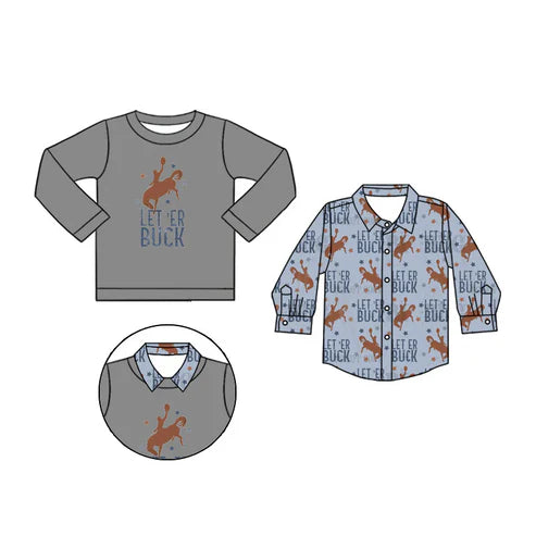 7.5 Custom Moq 3 Baby Boys Long Sleeves Rodeos Let'er Buck 2 Piece Shirts Top