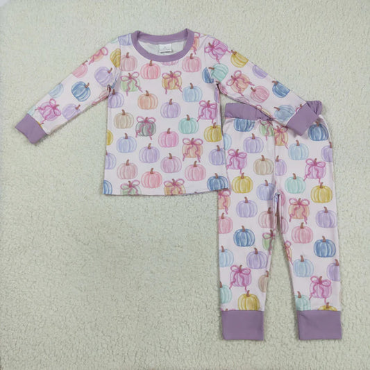 8.21 GLP2597 Baby Girls Long Sleeves Colorful Bows Pumpkins Top Pant Pajamas Set