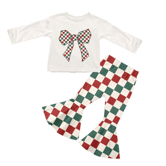 5.28 GLP2019 Baby Girls Christmas Green Red Bow Shirt Bell Pants Clothes Sets Preorder